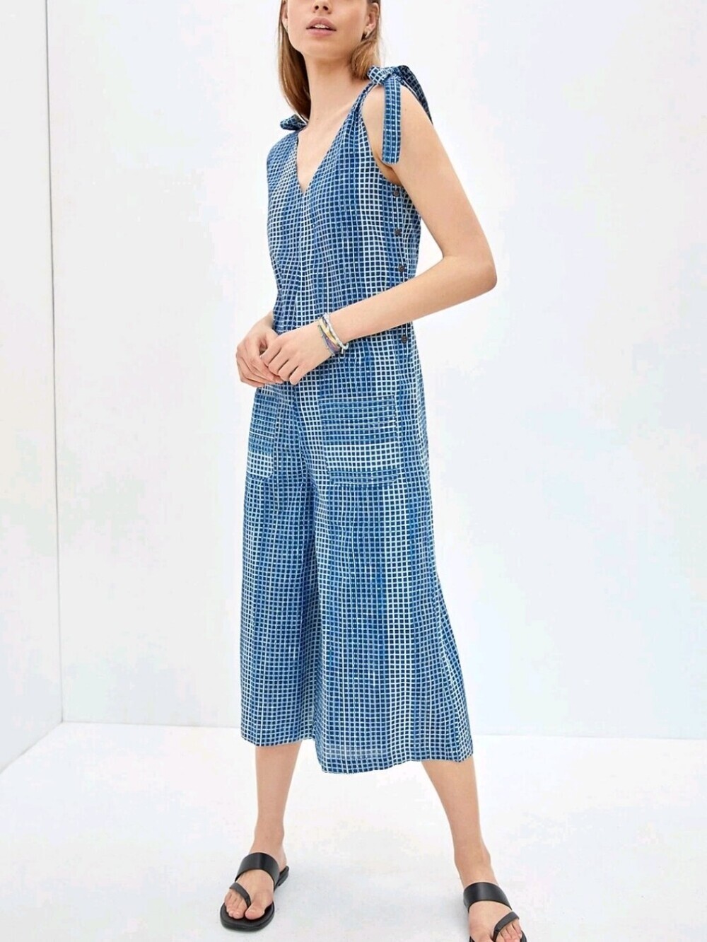 Anthropologie Kopal Womens Blue Checker Tie-Shoulder Wide Leg Jumpsuit Size XS